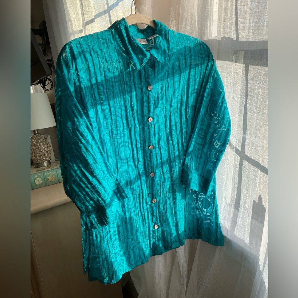 Chico's Turquoise Blue Shirt - Sheer Cover-Up Blouse  - Size 1